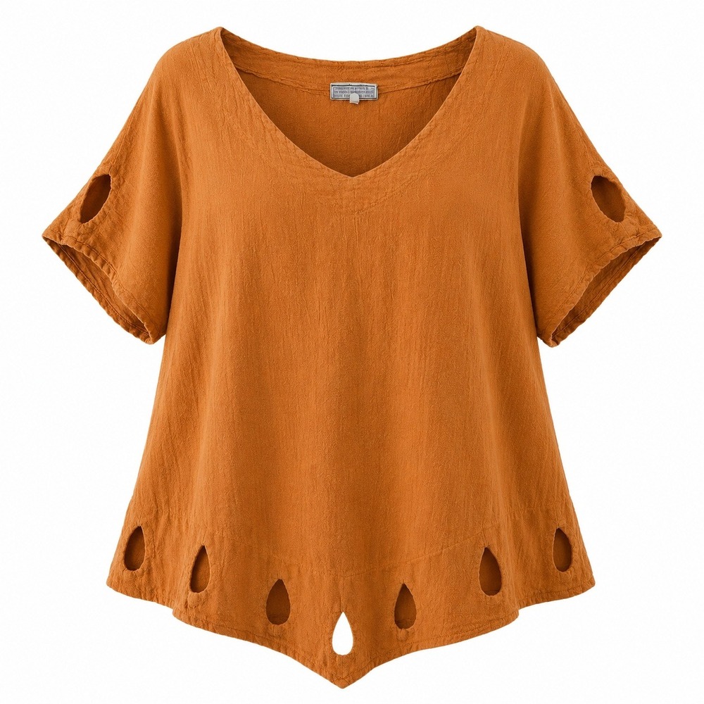 Cottonways Women Burnt Orange Crinkle Gauze Cut Out Sharkbite Tunic Top Size 4X